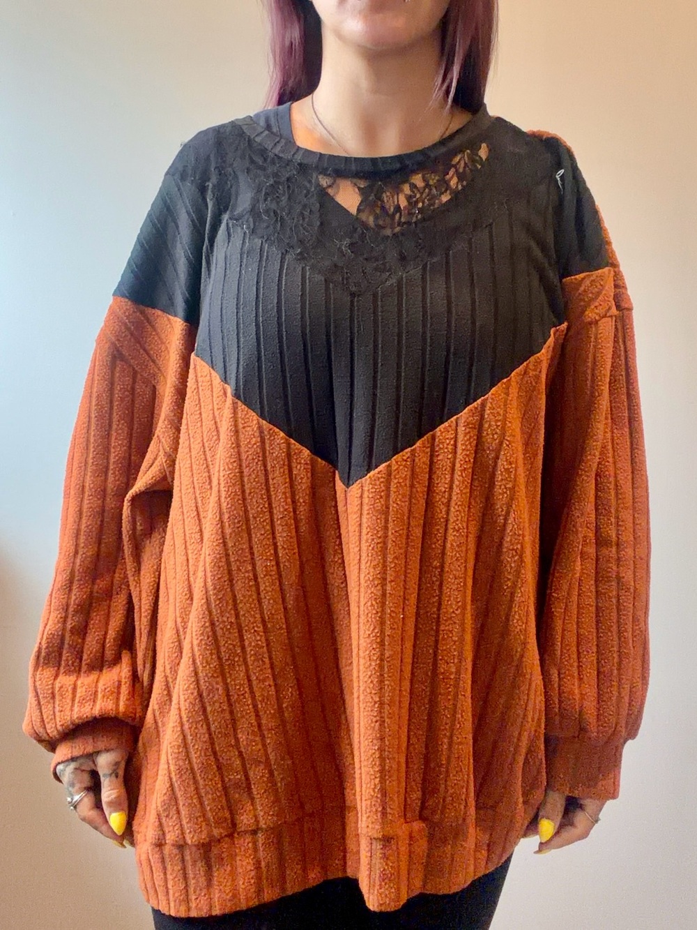 Shein Curve 4XL Womens Orange Crew Neck Sweater Black Lace on Top‎